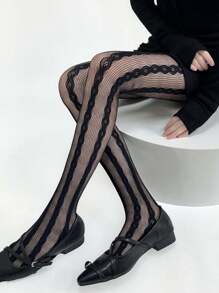 1 pieza Medias de mujer con tejido de punto de cable, de malla fina con estampado de rayas verticales de encaje calado, transpirable, transparente, de estilo gótico oscuro, sexy, de ajuste ceñido