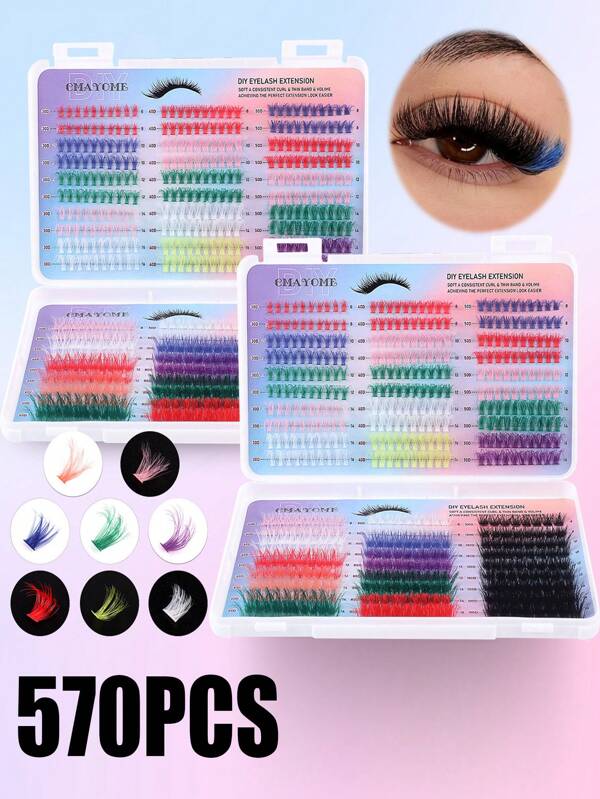 600/570PCS Colorful Mixed Color DIY Eyelash Extension Set High Capacity Individual Eyelash Curler 9-16MM Hybrid D-Curl 3D Effect Natural & Pretty Soft & Comfortable False Eyelash Long Lasting Individual Eyelash Set Eyelash Curler Music Festival & Daily Life & Masquerade & Dating & Party Use Lash Clusters,Eye Lash Clusters,Individual Eyelashes,Lashes,Fake Lashes