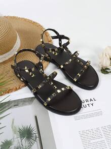 Women's Fashion Open Toe Sandals, Casual Beach Street Style Clip Stud Decor Memory Foam Insole Flat Sandals, Sexy And Personalized In Black