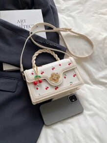 女士多功能高品质时尚樱桃印花手提包，时尚小方斜挎包，春夏新品系列 - 白色 - 查看 6