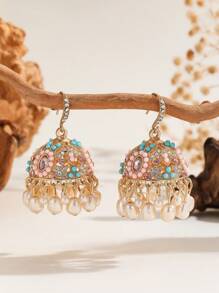 1 对时尚 Jhumka 耳环，优雅多色水晶和人造珍珠流苏吊坠耳环，宝莱坞风格珠宝礼物适合女性日常、节日、婚礼和派对佩戴 - 多色 - 查看 7