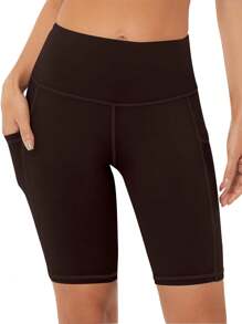 Women Plus Size High Waisted Compression Sport Shorts, Tummy Control Yoga Shorts For Workout, Running, Gym, Fitted Look, With Pockets, Spring/Summer - Coffee Brown - View 3