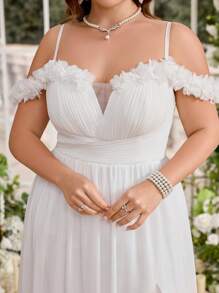 Váy UNITHORSE cỡ lớn cổ chữ V, viền ren, thiết kế nhún ở ngực và eo, váy xòe hở tà thanh lịch cho đám cưới, cô dâu, trang phục dự tiệc toàn màu trắng dành cho nữ - trắng - Xem 6