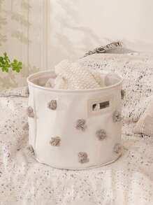 1pc Color Pom-Pom Waterproof Canvas Catchall Bin, Desktop Storage Basket For Household Laundry Room - Multicolor - View 6