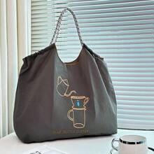 Women's Shoulder Bag, Stylish And Elegant, Nylon Bag, Embroidered Coffee Pot Pattern, Cloth Bag, Large Capacity, Lightweight, Foldable Storage, Crossbody Bag, Handbag, Commute, Travel, School, Leisure, Fashion Street Photo, Holiday Gift Large Capacity Tote