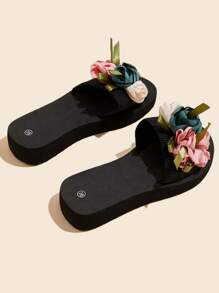 New Design Flower Decor Slide Sandals For Women, Summer Strap Chunky Heel Fashion Outdoor Slippers, Non-Slip Beach Vacation Sandals, House Slippers