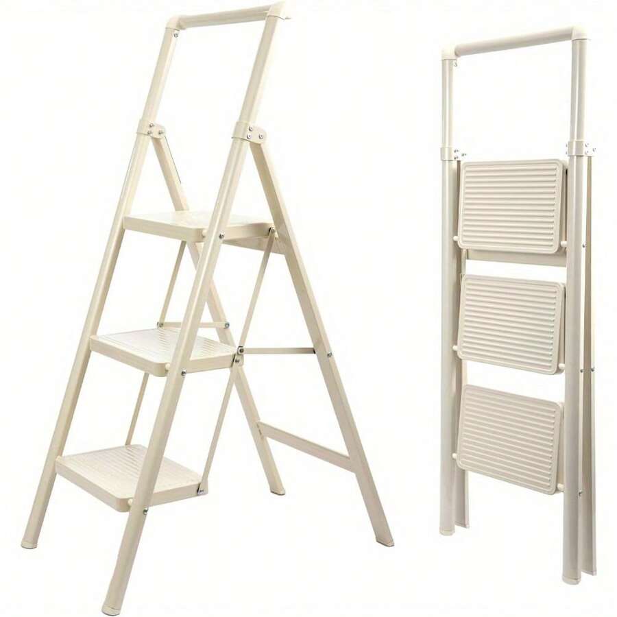 Foldable Heavy Duty Step Ladder With Handrail Sturdy Stepladder For Home, Kitchen Library (Max Load 250kg) - 白色 - 查看 1