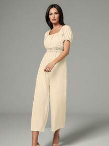 Europe and the United States French retro bubble lace sleeves square neck top lace hollow high waist wide leg dress trousers spring and summer new daily commuting out women's clothing