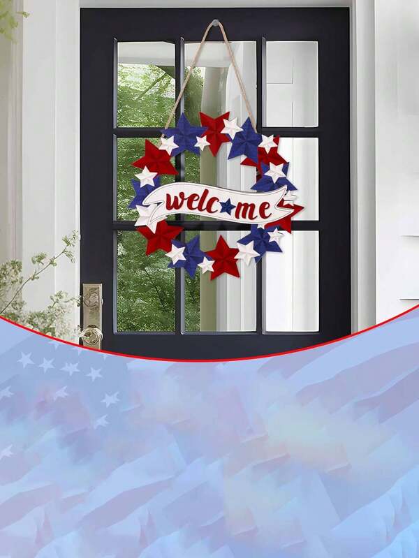 1 pezzo Ghirlanda patriottica da 4 luglio - Decorazione a forma di stella di legno rosso, bianco e blu con striscione "Benvenuto", adatta per porta d`ingresso, portico o decorazione a parete, ottima per celebrazioni del Giorno dell`Indipendenza e del Memorial Day