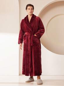 1pc Flannel Long And Thick Bathrobe, Autumn/Winter Adult Flannel Bathrobe, Hotel/SPA/Salon, Flannel, Absorbent And Quick-Dry, Loose Fit, Multiple Colors, Simple Design, Bathroom & Home Essentials Summer,Holiday Home Bathroom Decor Back To School - Multicolor - View 7