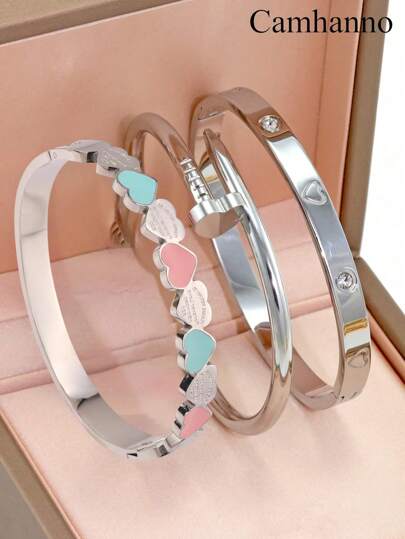 Camhanno 1 pieza Elegante pulsera de acero inoxidable con diseño de amor, adecuada como regalo para el Día del Padre, Día de la Madre, San Valentín, Graduación, Boda y otras ocasiones