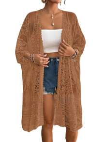 Women's Lace Bikini Cover-Up 3/4 Sleeves Open Front Sheer Mesh Crochet Kimono Cardigan - Coffee Brown - View 1