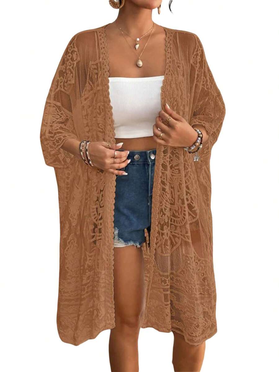 Women's Lace Bikini Cover-Up 3/4 Sleeves Open Front Sheer Mesh Crochet Kimono Cardigan - Coffee Brown - View 1
