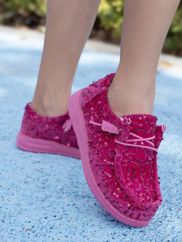 1 par de mocasines casuales de lentejuelas de moda para niñas, de diseño con banda elástica, transpirables, cómodos de usar, adecuados para la escuela y actividades al aire libre, para todas las estaciones