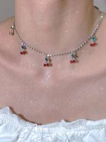 1pc Women's Sweet Style Adjustable Cherry Zirconia Pendant Necklace, Suitable For Daily Wear