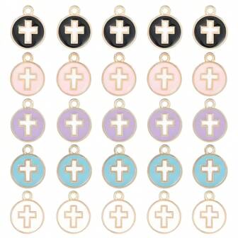 10 st Cross Berlocker Bulk Svart Vit Emalj Kors Berlock Platt Rund Färgglad Påsk Semester Ihåliga Berlocker För Smycken