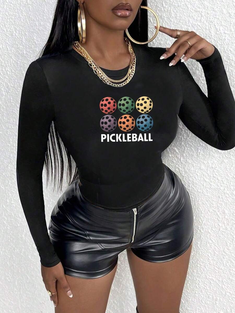 Six Colorful Spheres With PICKLEBALL Women's Fashion Long Sleeve Shirt - Black - View 1