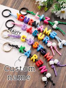 LICVIC 1pc Customized Multi-Color Acrylic Beaded English Letter Keychain, Customizable 1~10 Letters, Personalized Bag Charm, Custom Name Gift, Personalized Keyring(Gold/Black), Lanyard Colors: Black/Purple/Green/Blue/Pink, Customized Backpack Decoration - Multicolor - View 2