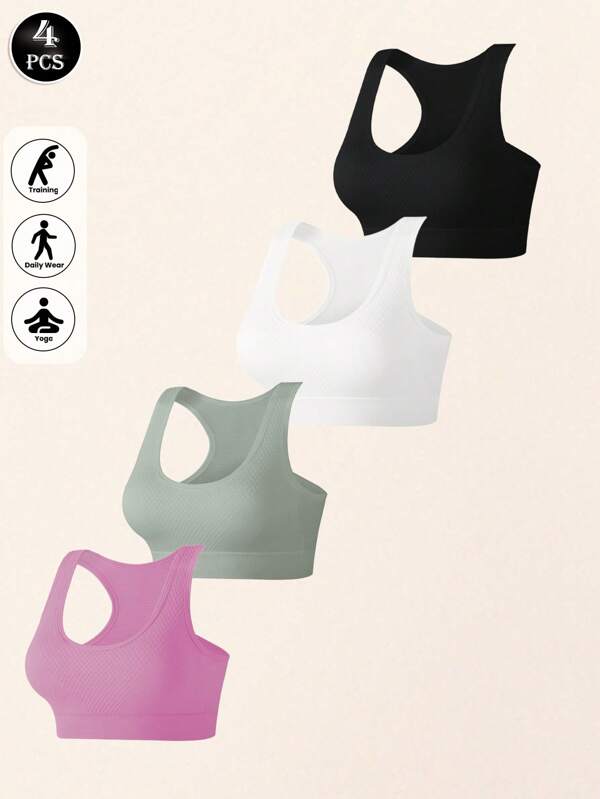 4-Piece Set Women's Large Size Sports Bra Yoga Running Fitness Gathered Vest Quick-Drying No-Rim Honeycomb Shockproof Bra, Women's Bra, Underwear, Vest