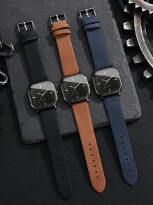 3pcs Set: Men's Square Minimalist Dial Quartz Watch & Leather Belt Accessories, Excluding Watch Box - Multicolor - View 2
