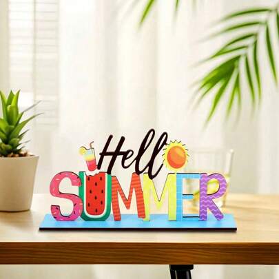 Hello Summer Table Sign Ornaments, Watermelon Hello Summer Wooden Art Table Decor, Tabletop Centerpiece For Holiday Party, Perfect For Summer Room Decor, Summer Home Bedroom Office Table Decorations, Summer Holiday Home Decorative Signs & Plaques