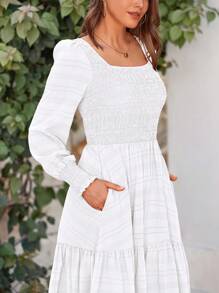 Women's Spring Summer Long Sleeve Dresses Wedding Dresses Elegant Fluffy Long Sleeve Locked Waist Swing Fluttering Long Dresses - 白色 - 查看 5