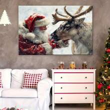Wooden Framed Santa Claus Petting Reindeer Canvas Wall Art - Festive Christmas Decor For Home, Bedroom, Or Office - Ready To Hang -Vibrant Holiday Design, Seasonal Artwork | Modern Framed Art | Wooden Frame Canvas, Holiday Decorations