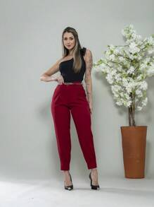 Carrot Pants With Zipper On The Leg, Tailored C3095 - Burgundy - View 6