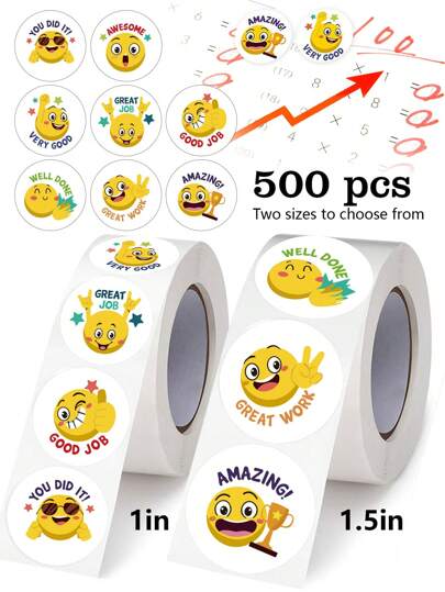 500 unidades/rolo de adesivos de rosto amarelo de desenho animado, 1 polegada e 1,5 polegada, recompensa para professores e incentivo aos alunos, adequados para papelaria, livros, telefones, laptops, capacetes, garrafas de água, óculos, multiuso, adesivos de vinil de PVC à prova d'água, material escolar, volta às aulas