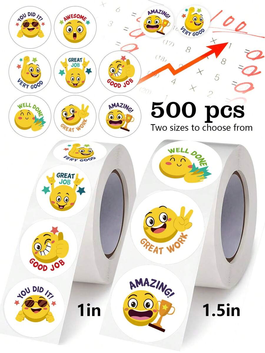 500 unidades/rolo de adesivos de rosto amarelo de desenho animado, 1 polegada e 1,5 polegada, recompensa para professores e incentivo aos alunos, adequados para papelaria, livros, telefones, laptops, capacetes, garrafas de água, óculos, multiuso, adesivos de vinil de PVC à prova d'água, material escolar, volta às aulas