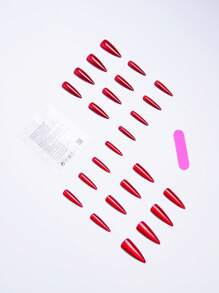 24片超長尖頭紅色貓眼壓克力美甲貼，套裝包含：1瓶凝膠指甲油與1個指甲锉，適合女性與女孩日常配戴與派對美甲 - 酒紅色 - 查看 4