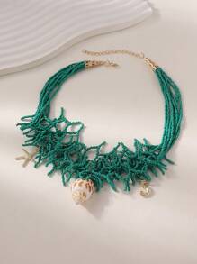 1pc Bohemian Style Pearl & Shell Multilayer Necklace, Suitable For Women Beach Holiday Leisure Accessories - Shell - View 7