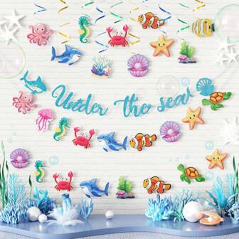 Decoraciones para fiesta de cumpleaños con tema submarino, pancarta de tiburón, remolinos colgantes de animales marinos, decoraciones de fiesta con tema de sirena, suministros para baby shower con tema de playa, decoraciones para habitación, hogar, sala de estar, boda y exteriores
