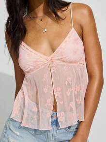 Women Lace Trim Cami Tank Tops Y2K Floral Embroidery Spaghetti Straps Bow Decor V-Neck Mesh Camisole Corp Tops Sexy Backless Sleeveless Vests Shirts Summer Going Out Tops Aesthetic Clothes Club Streetwear - 粉色 - 查看 1