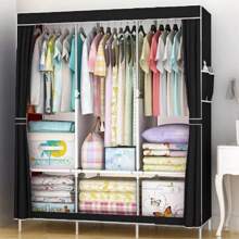 LARGE FABRIC CANVAS WARDROBE WITH HANGING RAIL SHELVING CLOTHES STORAGE CUPBOARD - Black - View 1