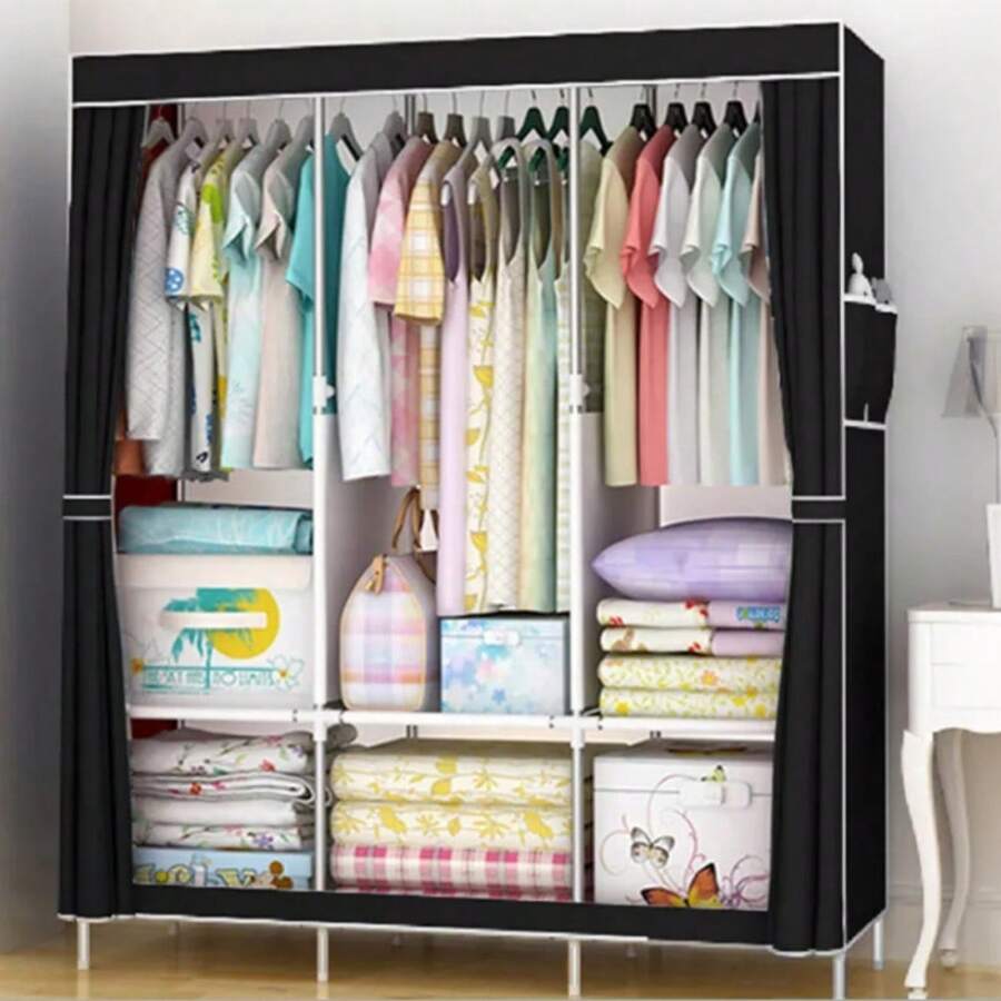 LARGE FABRIC CANVAS WARDROBE WITH HANGING RAIL SHELVING CLOTHES STORAGE CUPBOARD - Black - View 1