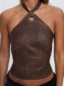 Parte superior/chaleco de ajuste ceñido, estilo vintage con escote halter y espalda descubierta con anilla, atractivo y elegante para primavera y verano, ideal para uso diario