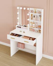 Hzuaneri Dressing Table With Mirror And 10 LED Lights, Vanity Table With 4 Open Shelves And 2 Compartments, Dressing Table With 2 Drawers, For Bedroom, Living Room - White - View 2