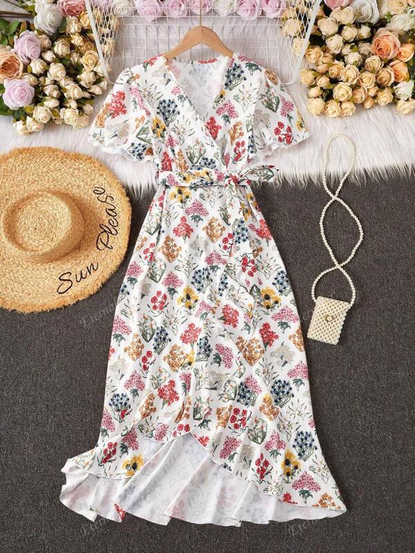 Women Long V-Neck Asymmetrical Cinched Waist Waist Slimming Stylish Print Dress
