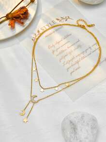 1 pieza Collar con colgante de luna de resina y estrella de acero inoxidable creativo, collar con colgante de luna de moda, adecuado como regalo para ocasiones festivas - Amarillo Oro - Ver 4