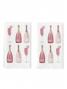 2 Pcs Champagne Kitchen Towels Champagne Lover Gift Watercolor Style Dishwashing Towel Kitchen Dry Dishes Hand Towel - Pink - View 4