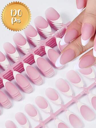 短杏仁假指甲 150 片 预成型凝胶丙烯酸指甲片 120 片/包 短法式指甲片 预先设计的半成品假指甲 哑光饰面，全覆盖且无痕