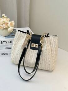 Beige Woven Tote Bag, Unique Texture Showcases Premium Quality. Black Leather Shoulder Strap Paired With Shiny Gold Hardware, Eye-Catching Personal Style. Large Capacity & Super Practical Women's Tote Bag, Cross-Border Bestseller - Black and White - View 1
