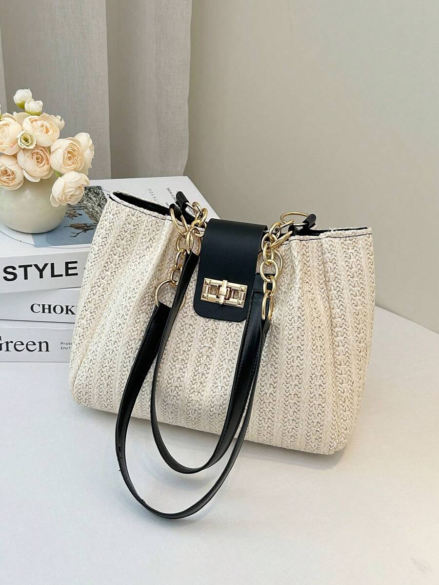 Beige Woven Tote Bag, Unique Texture Showcases Premium Quality. Black Leather Shoulder Strap Paired With Shiny Gold Hardware, Eye-Catching Personal Style. Large Capacity & Super Practical Women's Tote Bag, Cross-Border Bestseller - Black and White - View 1