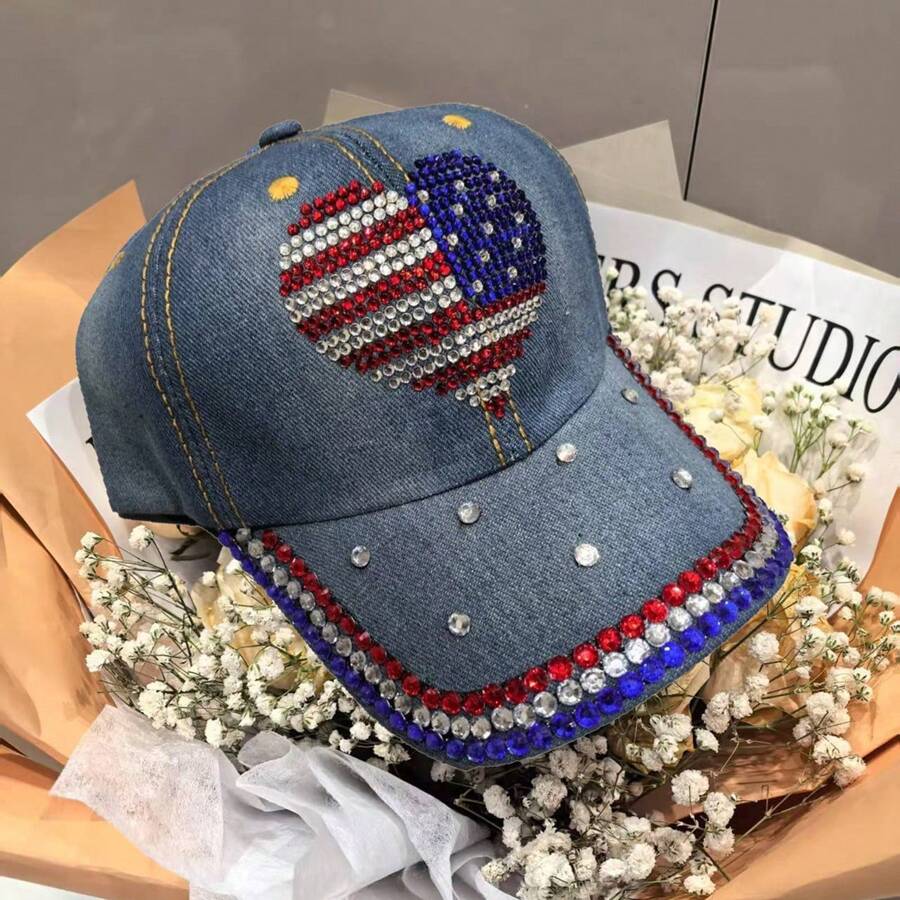 Patriotic Baseball Caps For Women Sparkle Rhinestone Heart Trucker Hats Adjustable Dad Hats Presents - Blue - View 1