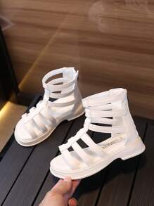 女童白色包头凉鞋，2025 年新款夏季时尚平底罗马公主鞋，后拉链，适合大童