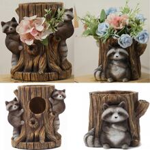 浣熊树桩花盆，可爱动物种植多肉植物花盆，有趣的雕像户外地面装饰，森林风格的异想天开的花园装饰 - 彩色 - 查看 1