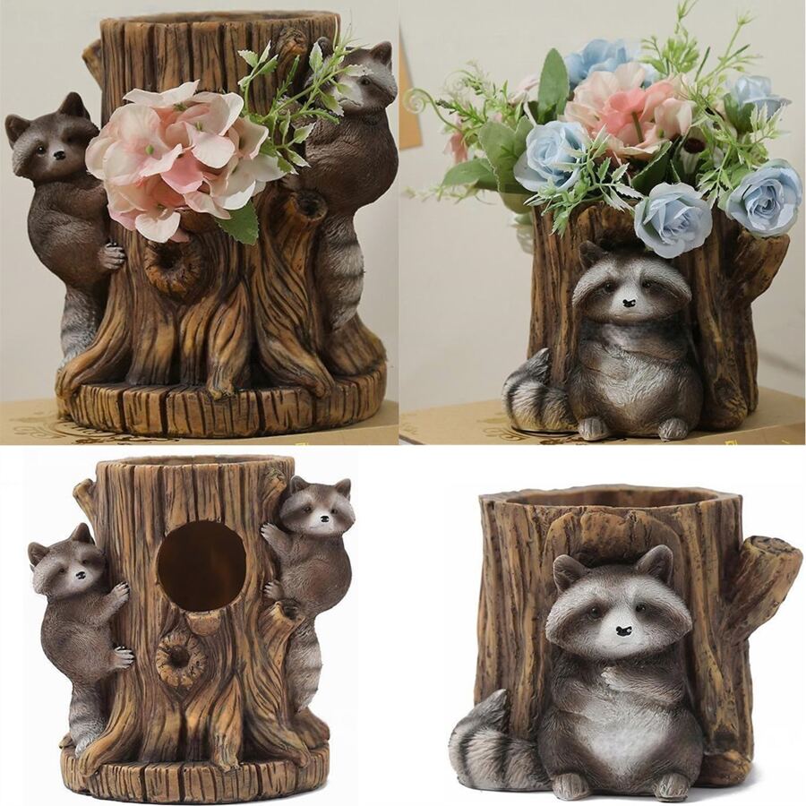 浣熊树桩花盆，可爱动物种植多肉植物花盆，有趣的雕像户外地面装饰，森林风格的异想天开的花园装饰 - 彩色 - 查看 1