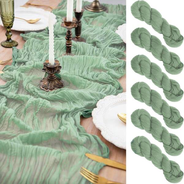 6pcs Sage Green Cheese Cloth Table Runners, Boho Farmhouse Sheer Gauze Romantic Table Decor - Suitable For Wedding Party Birthday Bridal Shower Engagement Home Decor