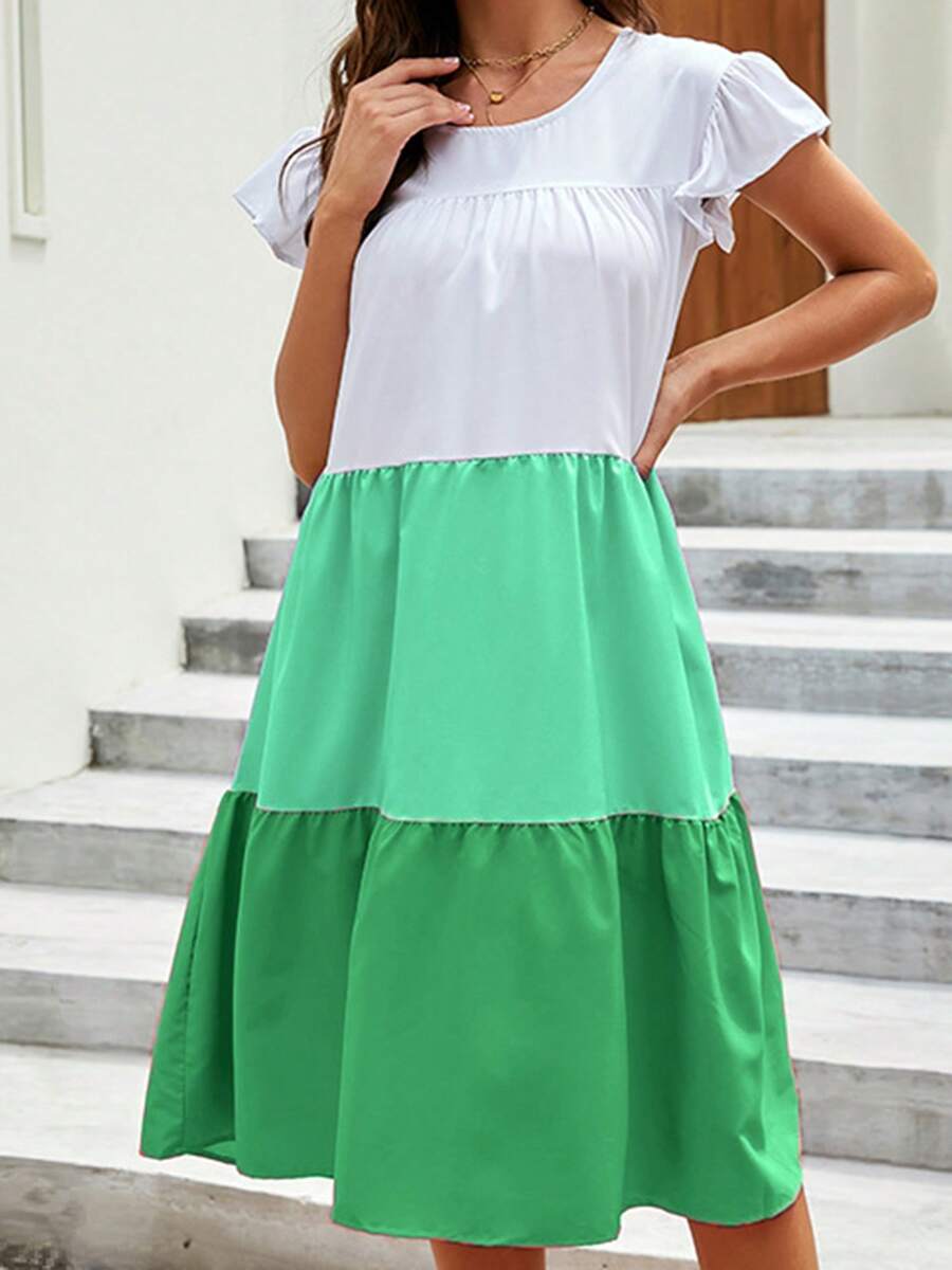 Women Contrast Color Midi Dress Loose Ruffle Sleeve Round Neck Tiered Ruffle Dress Casual Summer Clothes - màu xanh lá - Xem 1